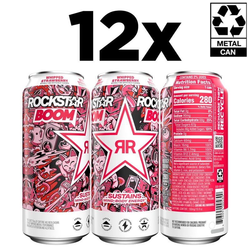 Rockstar, Boom Energy Drink with Caffeine and Taurine Packaging May Vary, Whipped Strawberry, 16 Fl Oz (Pack of 12) - Image 2